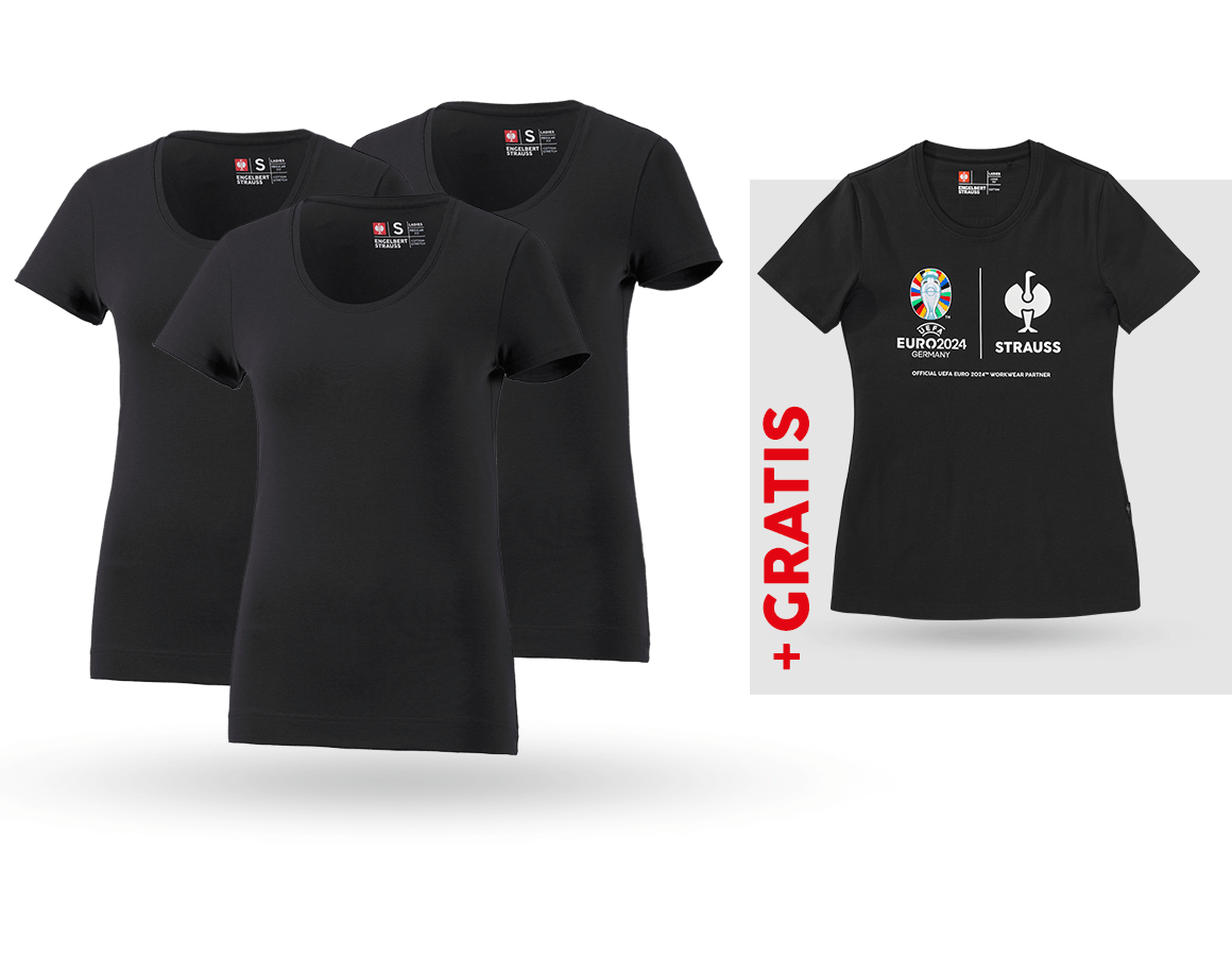 Shirts & Co.: SET: 3x T-Shirt cotton stretch, Damen + Shirt + schwarz