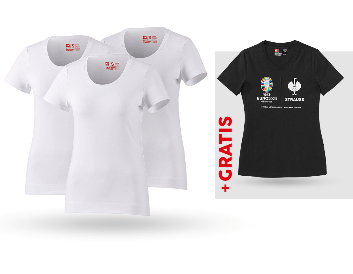 Kollaborationen: SET: 3x T-Shirt cotton stretch, Damen + Shirt + weiß