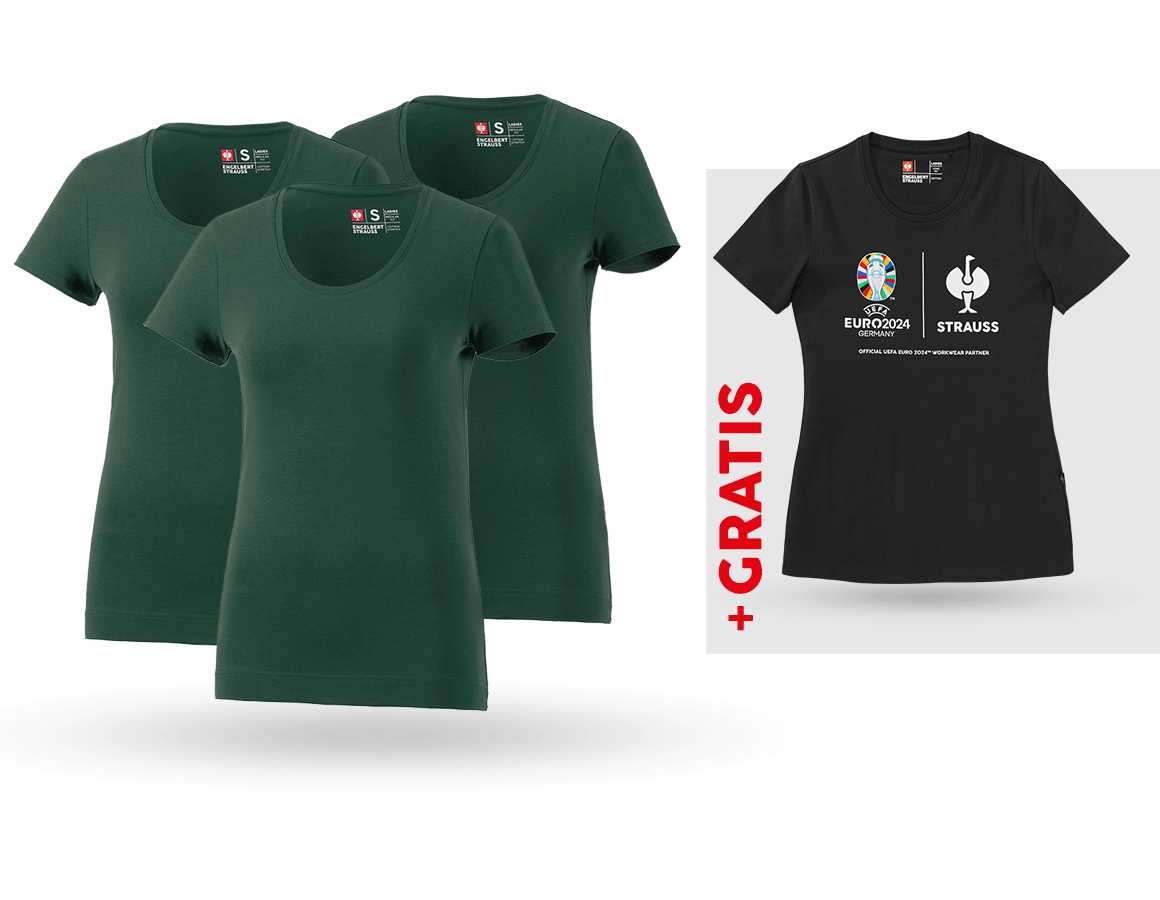 Kollaborationen: SET: 3x T-Shirt cotton stretch, Damen + Shirt + grün