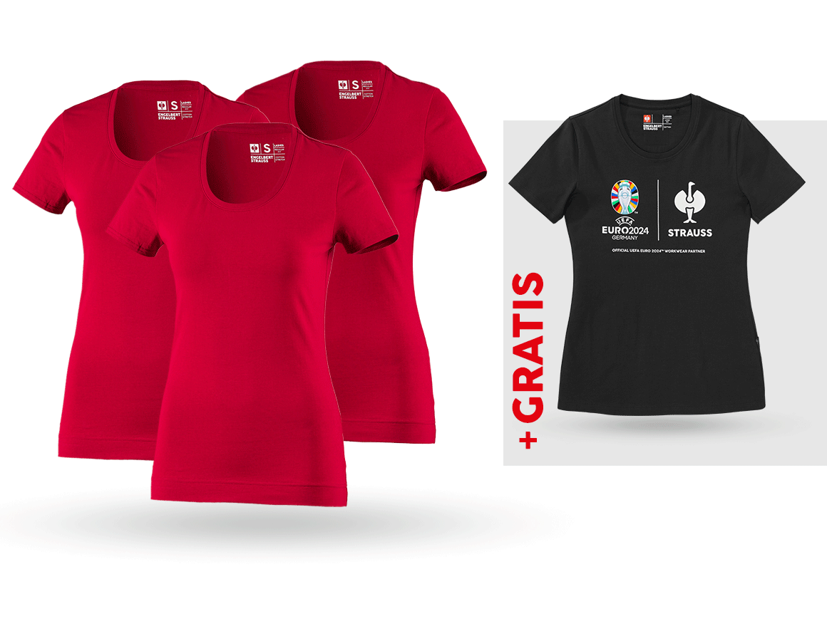 Shirts & Co.: SET: 3x T-Shirt cotton stretch, Damen + Shirt + feuerrot