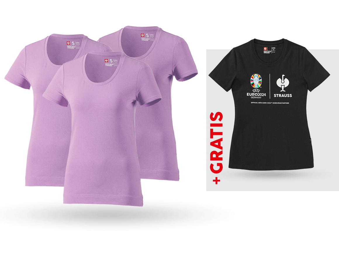 Kollaborationen: SET: 3x T-Shirt cotton stretch, Damen + Shirt + lavendel