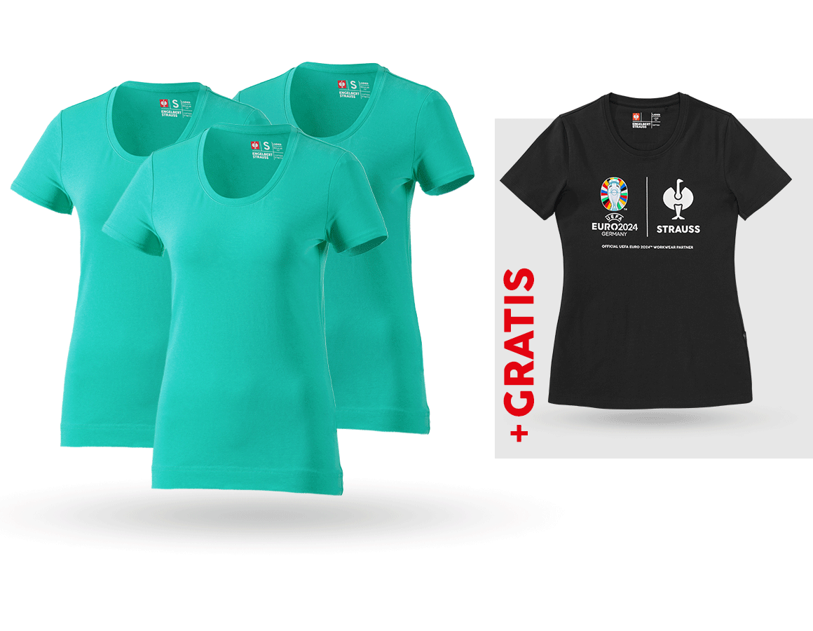 Shirts & Co.: SET: 3x T-Shirt cotton stretch, Damen + Shirt + lagune