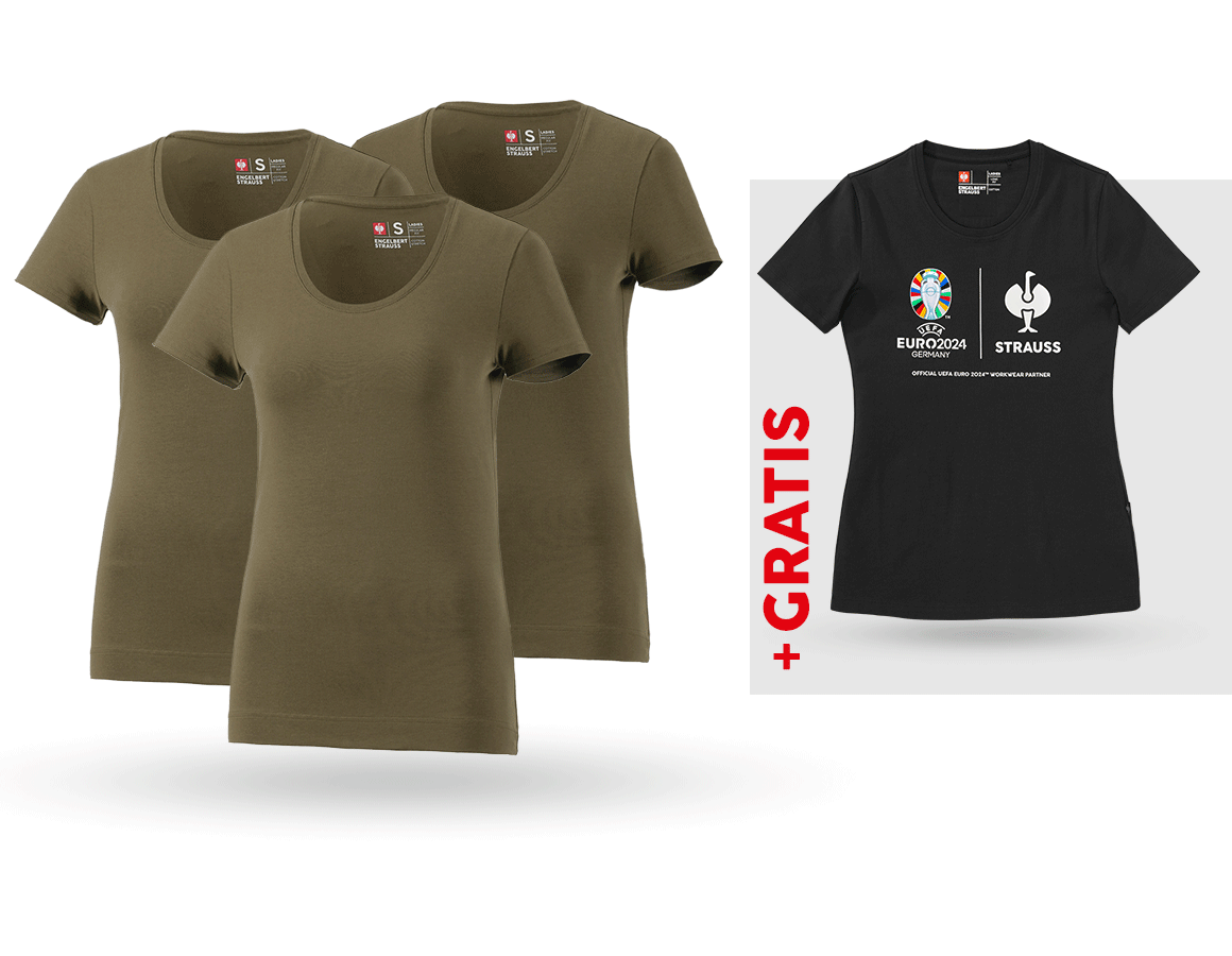 Shirts & Co.: SET: 3x T-Shirt cotton stretch, Damen + Shirt + schlammgrün