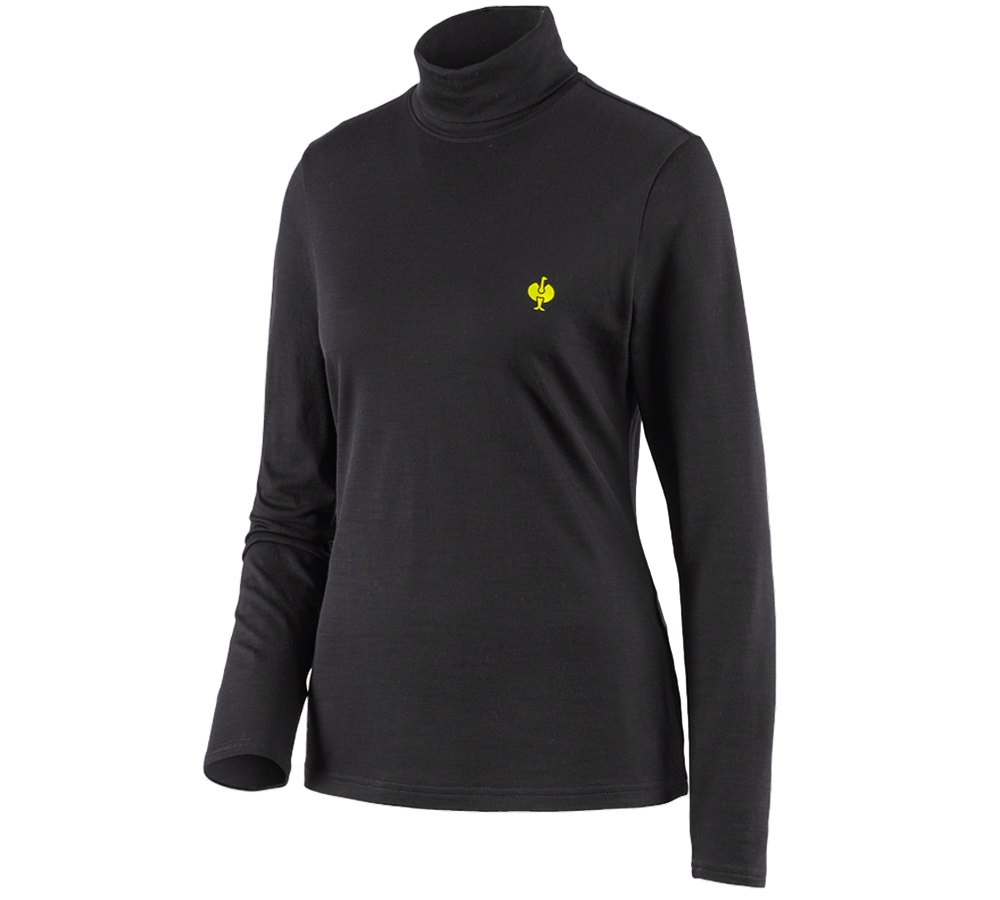 Hauts: T-shirt à col roulé Merino e.s.trail, femmes + noir/jaune acide