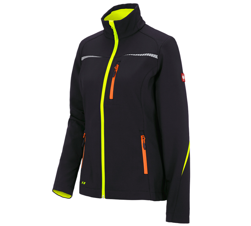 Work Jackets: Softshell jacket e.s.motion 2020, ladies' + black/high-vis yellow/high-vis orange