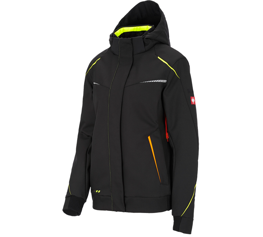 Work Jackets: Winter softshell jacket e.s.motion 2020, ladies' + black/high-vis yellow/high-vis orange