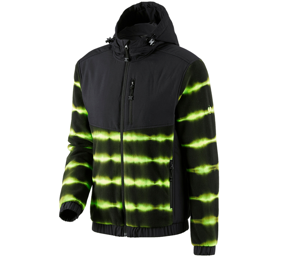 Work Jackets: Hybrid fleece hoody jacket tie-dye e.s.motion ten + black/high-vis yellow