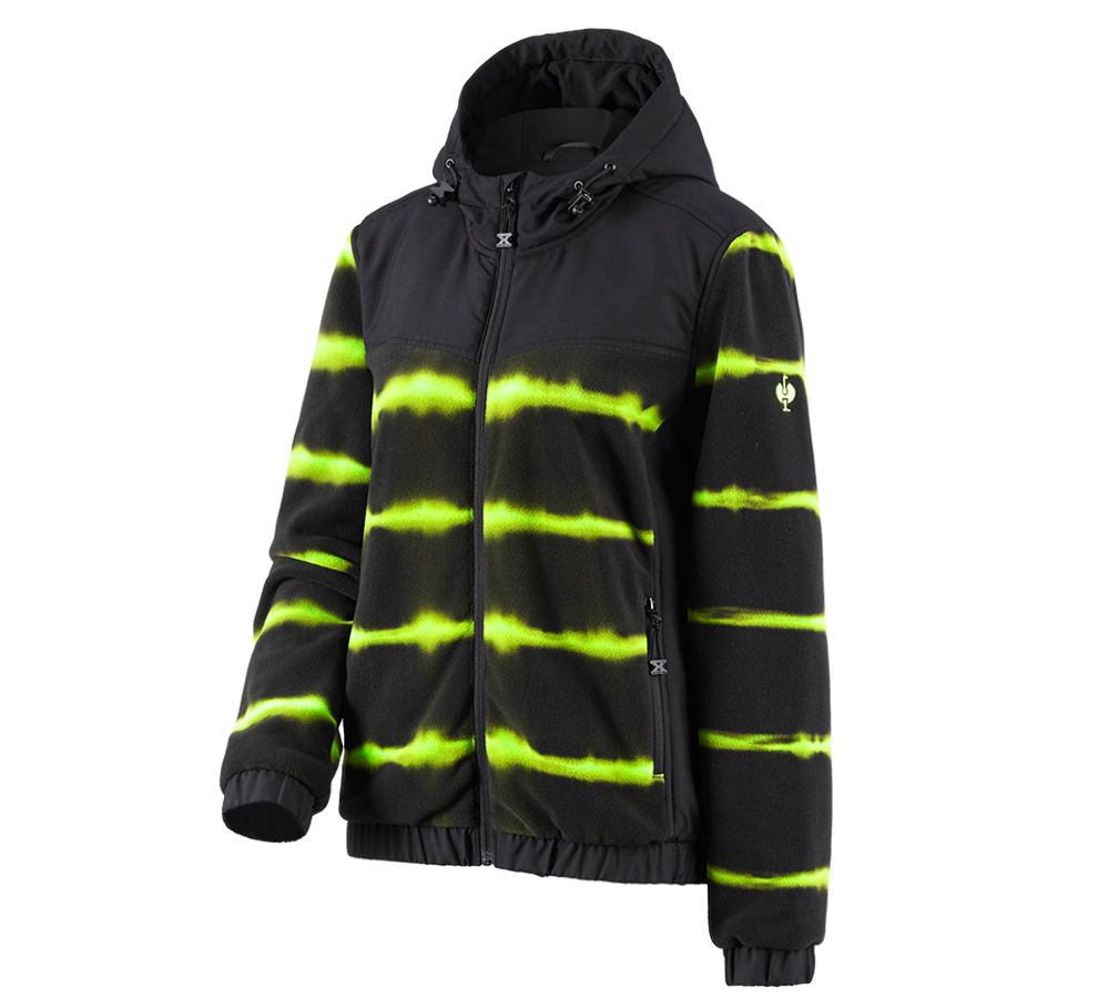Work Jackets: Hybr.fleece hoody jacket tie-dye e.s.motion ten,l. + black/high-vis yellow
