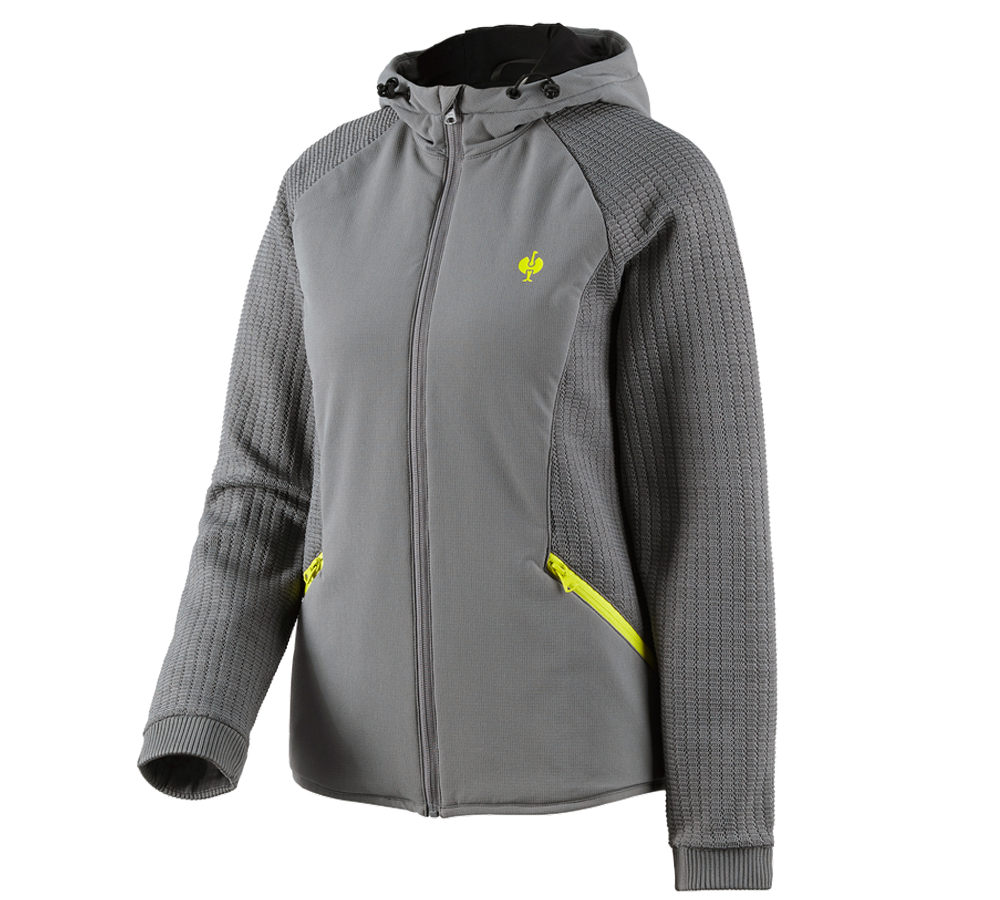 Work Jackets: Hybrid hooded knitted jacket e.s.trail, ladies' + basaltgrey/acid yellow