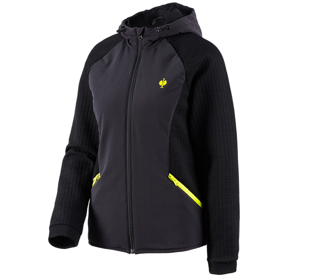 Vestes de travail: Veste en tricot à capuche hybride e.s.trail,femmes + noir/jaune acide