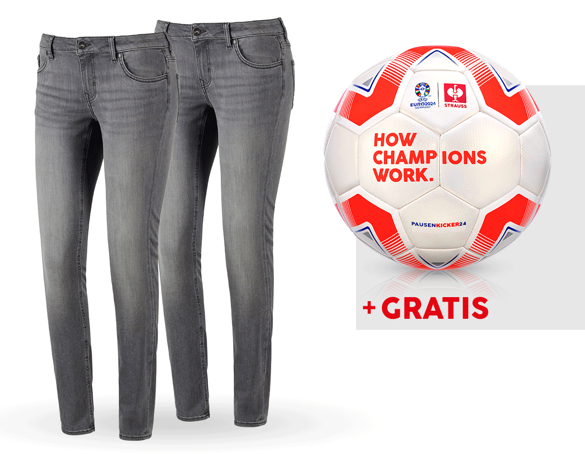 Kollaborationen: SET: 2x 5-Pocket-Stretch-Jeans, Damen + Fußball + graphitewashed