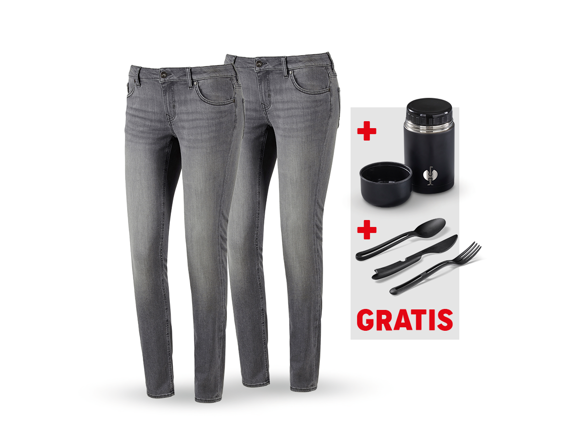 Bekleidung: SET: 2x 5-Pocket-Stretch-Jeans, Da.+Foodc.+Besteck + graphitewashed