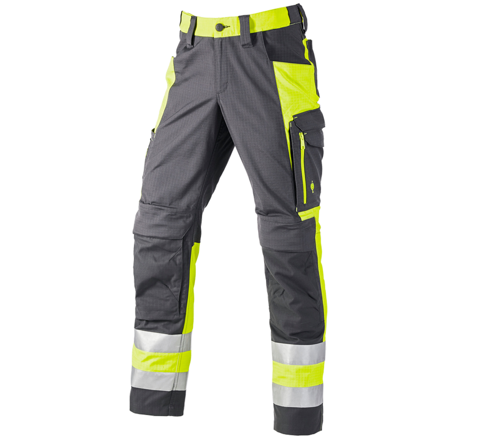 Pantalons de travail: Pant. à taille élast. haute visibil. e.s.concrete + anthracite/jaune fluo