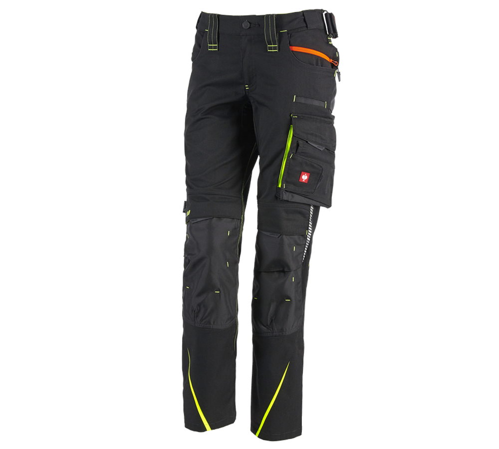 Work Trousers: Ladies' trousers e.s.motion 2020 + black/high-vis yellow/high-vis orange