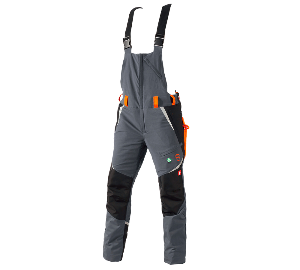 Work Trousers: e.s. Forestry cut protection bib & brace, KWF + grey/high-vis orange