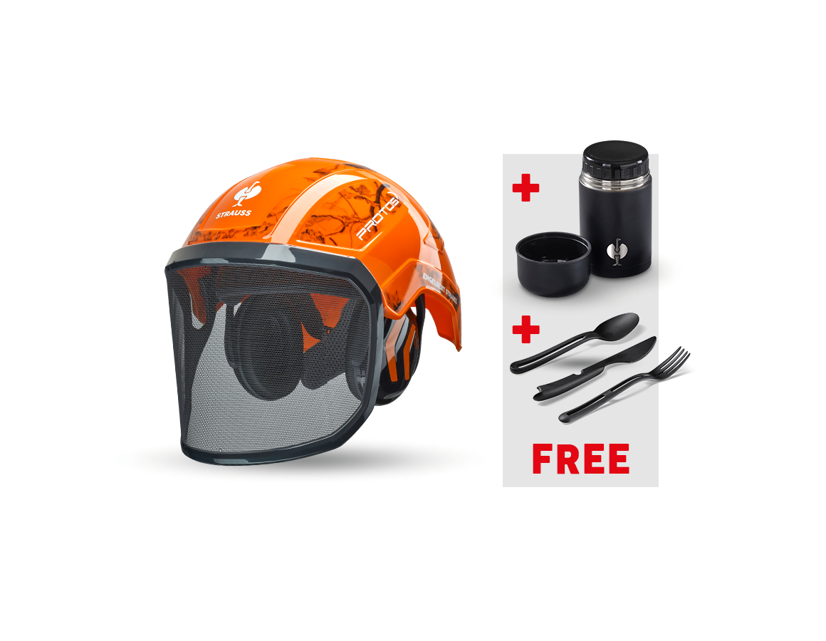 Personal Protection: e.s.Forestry helmet Protos®+Food Container+Cutlery + high-vis orange woodprint