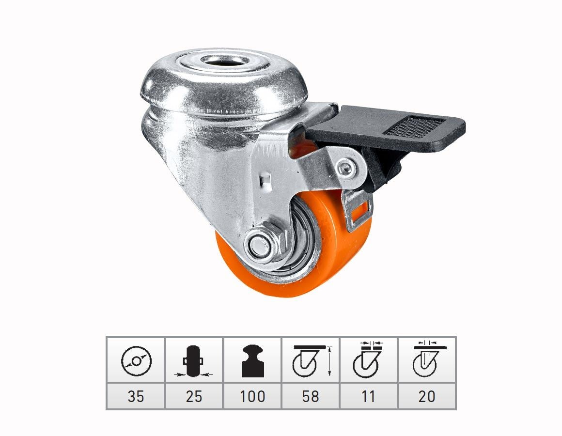 Transport rolls: Compact rollers with rear hole + brake