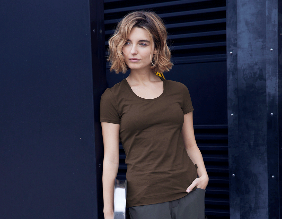 Hauts: e.s. T-shirt cotton stretch, femmes + marron