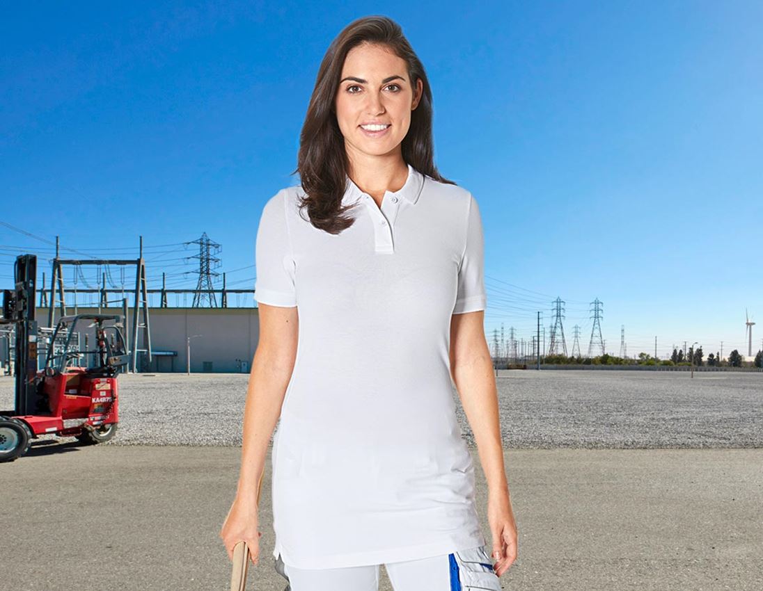 Gardening / Forestry / Farming: e.s. Pique-Polo cotton stretch, ladies', long fit + white