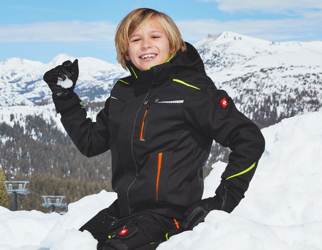 Jackets: Winter softshell jacket e.s.motion 2020,children's + black/high-vis yellow/high-vis orange
