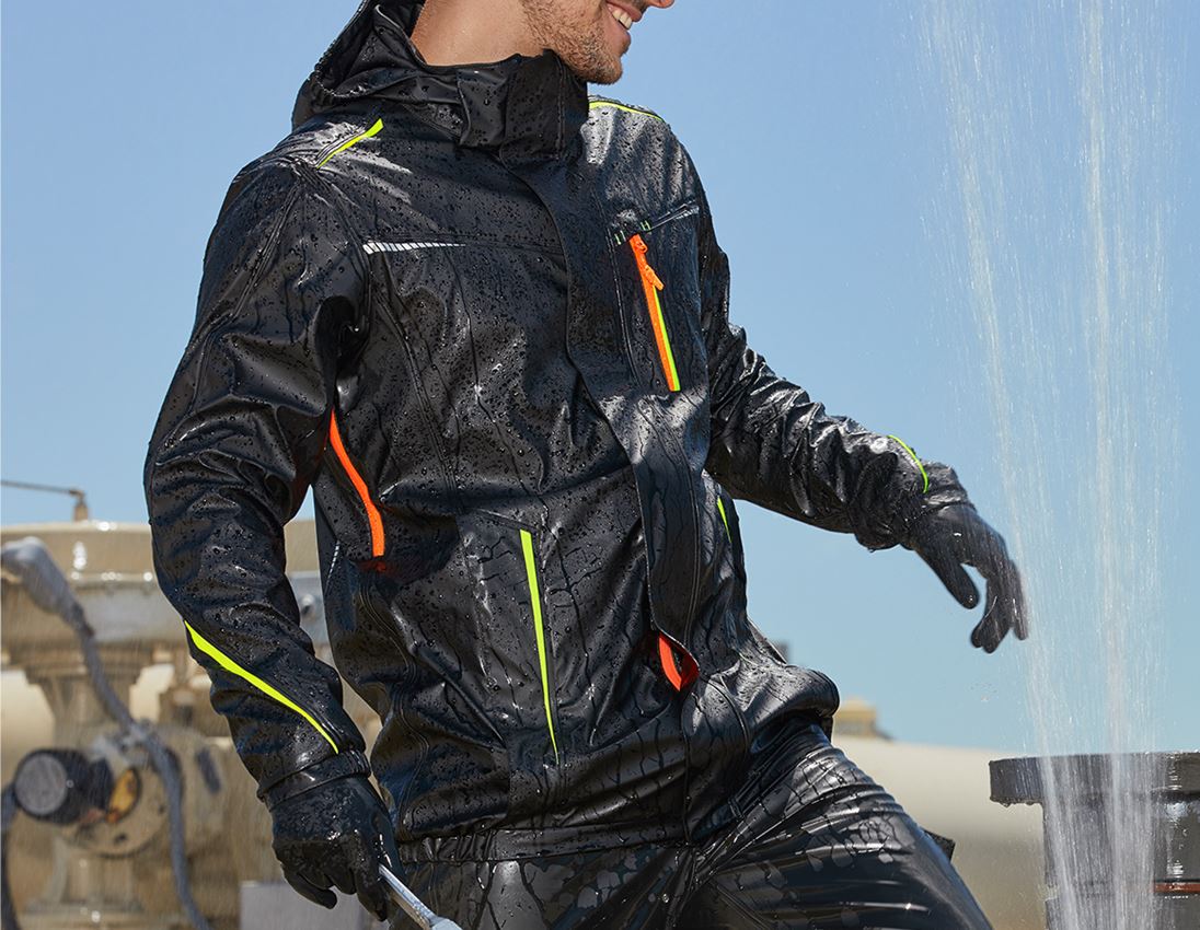 Work Jackets: Rain jacket e.s.motion 2020 superflex + black/high-vis yellow/high-vis orange 2