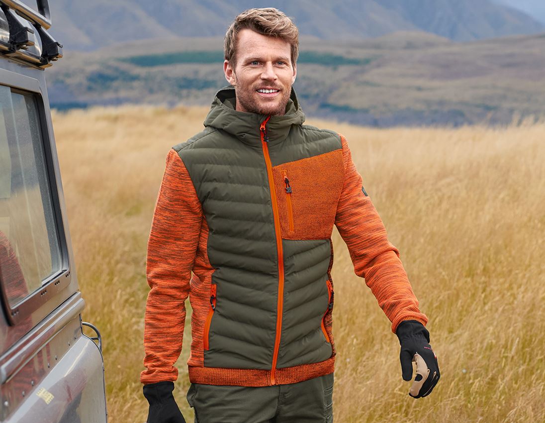 Topics: Hybrid hooded knitted jacket e.s.motion ten + disguisegreen/high-vis orange melange