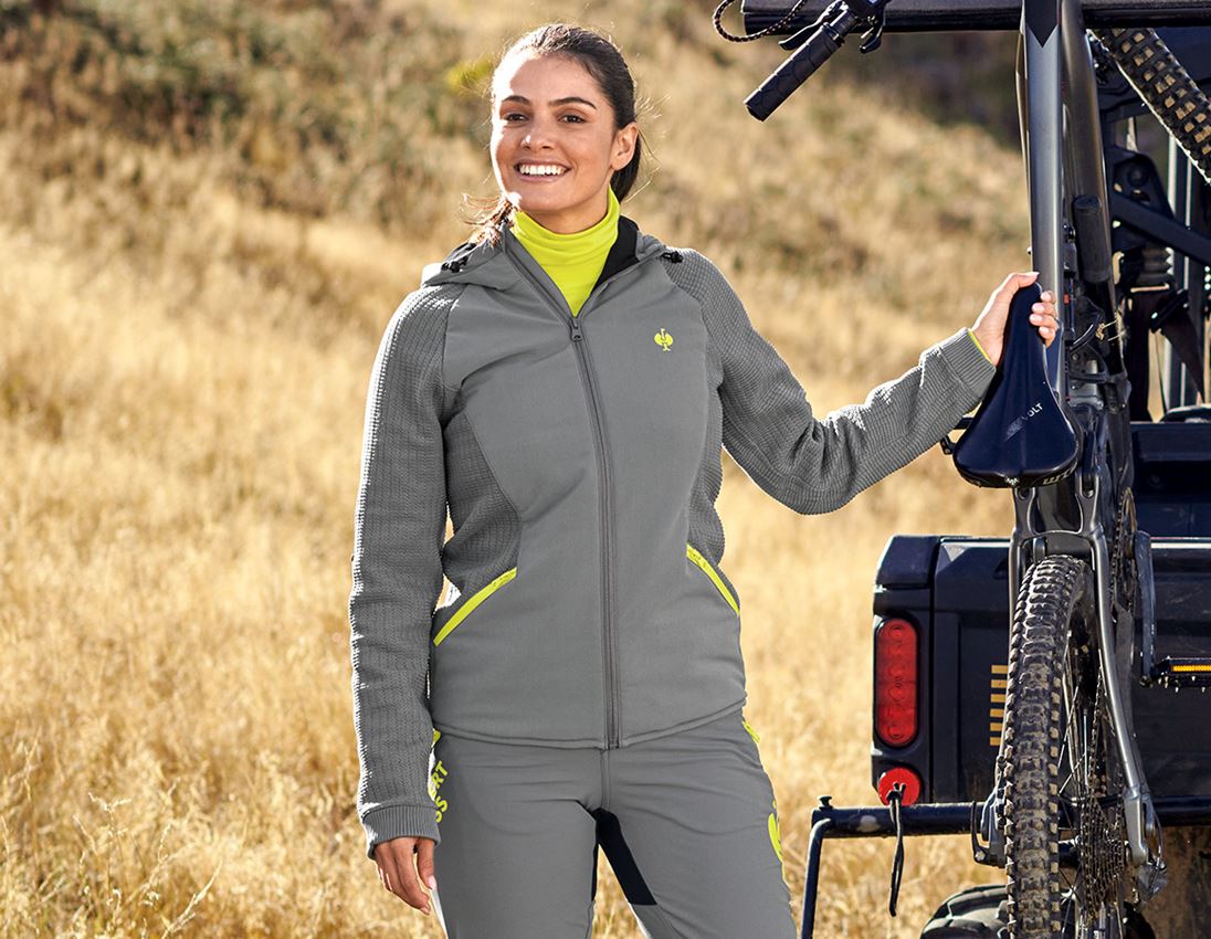 Vestes de travail: Veste en tricot à capuche hybride e.s.trail,femmes + gris basalte/jaune acide