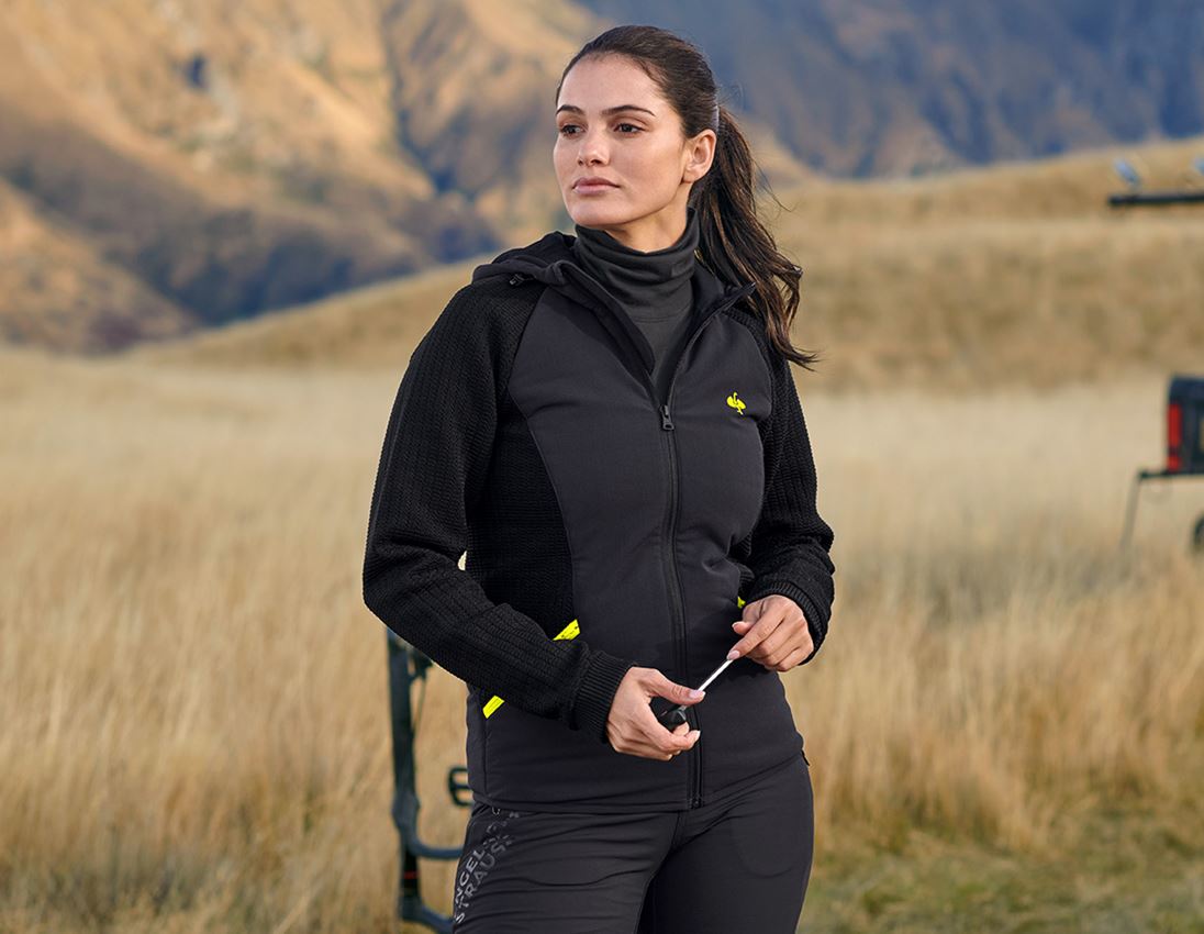 Work Jackets: Hybrid hooded knitted jacket e.s.trail, ladies' + black/acid yellow