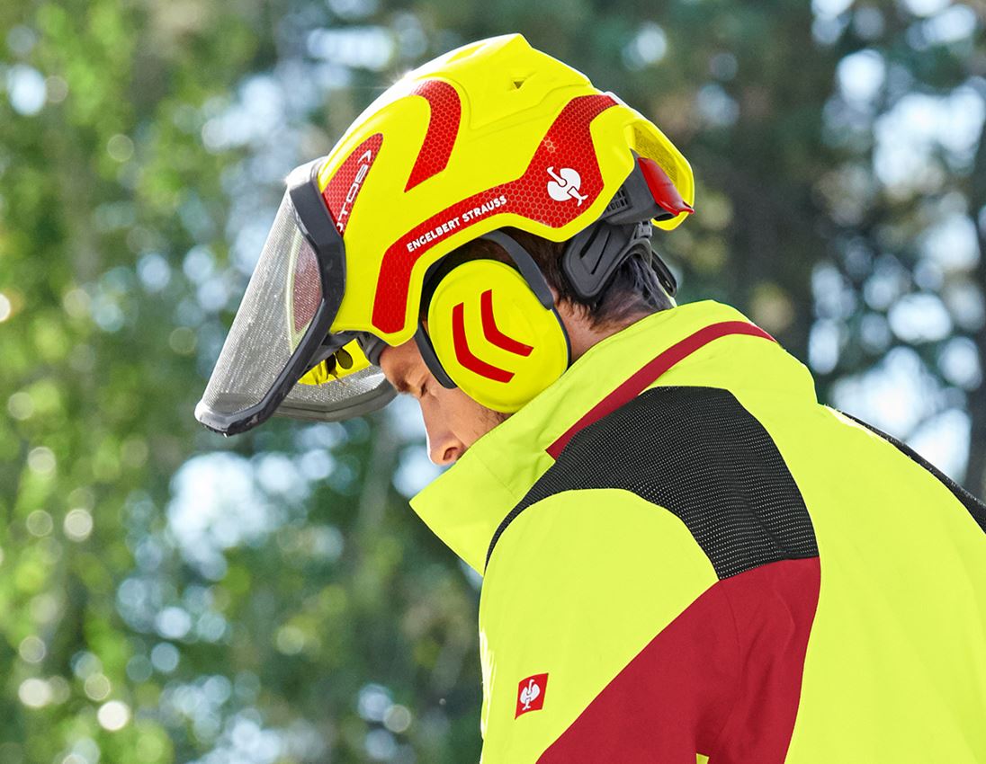 Clothing: SET: e.s. Forestry cut prot. bib&brace KWF+ helmet + red/high-vis yellow 1