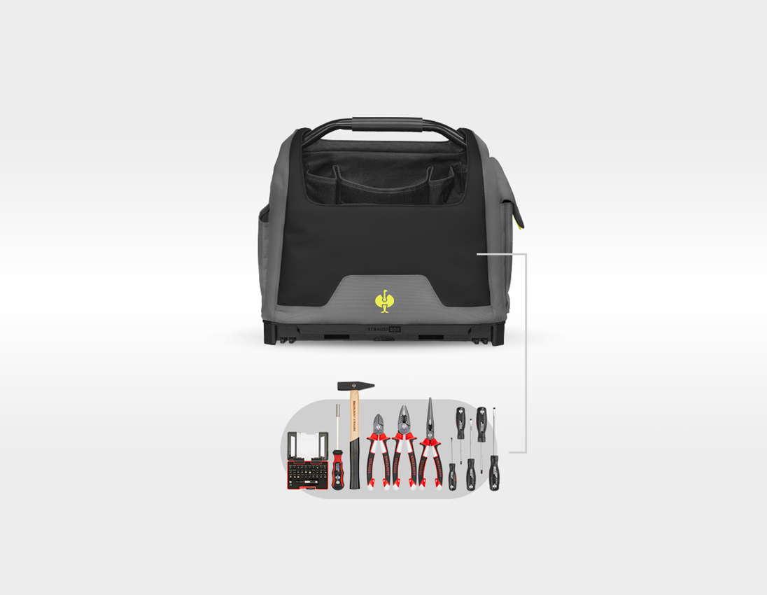 Système STRAUSSbox: Set d'outils + sac STRAUSSbox ouvert + gris basalte/jaune acide