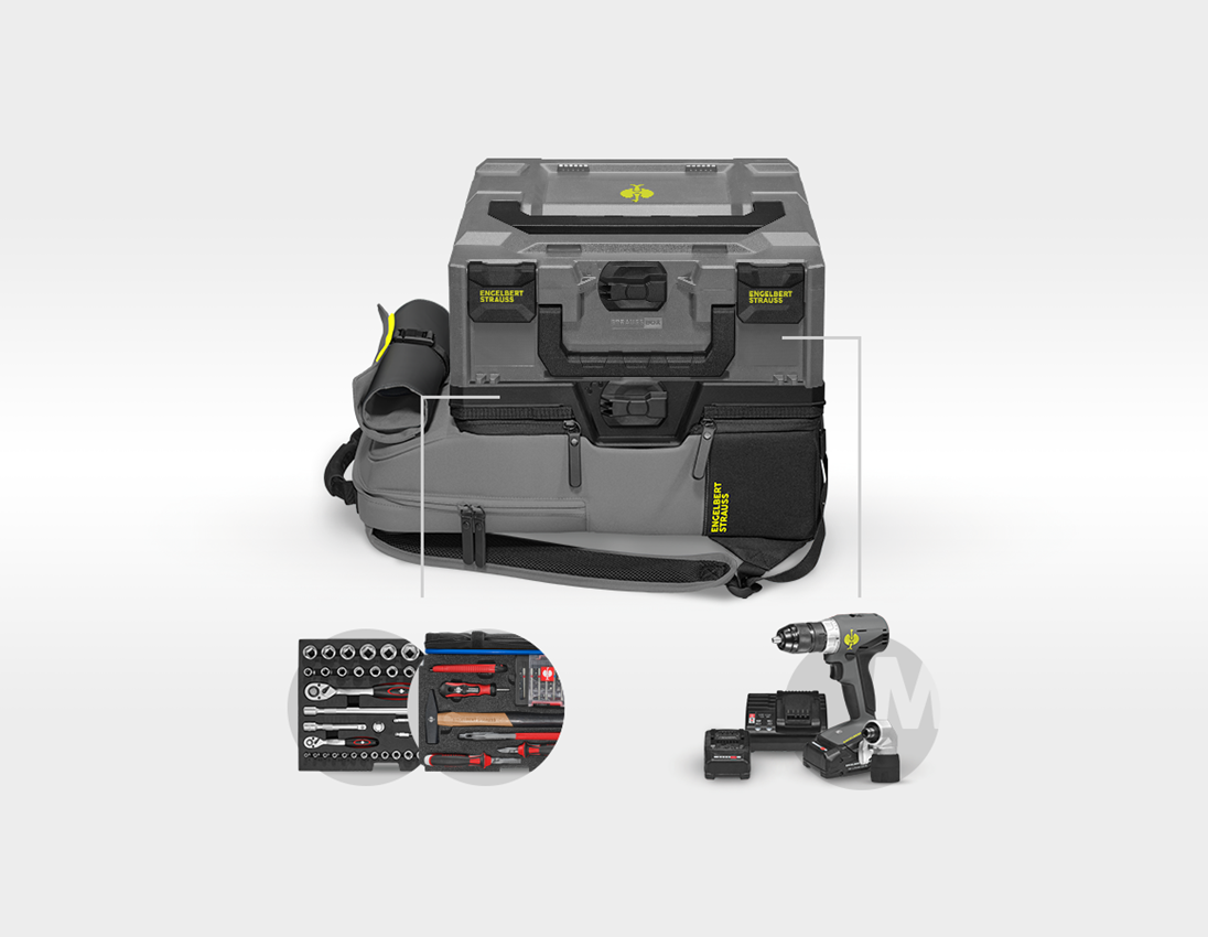 Werkzeuge: STRAUSSbox Rucksack Set+18,0 V Multi Bohrschrauber + basaltgrau/acidgelb