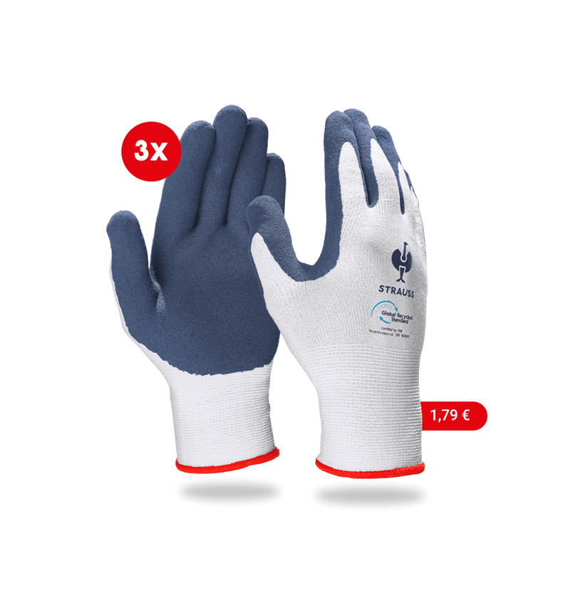 Beschichtet: e.s. Latexschaum-Handschuhe recycled, 3 Paar + blau/weiß