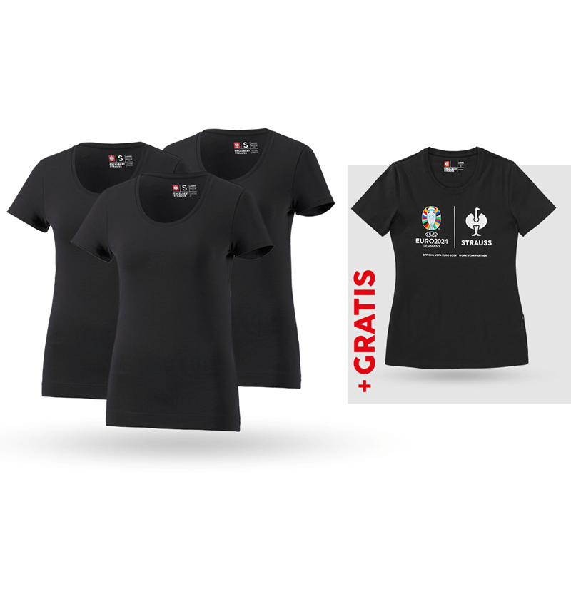 Shirts & Co.: SET: 3x T-Shirt cotton stretch, Damen + Shirt + schwarz