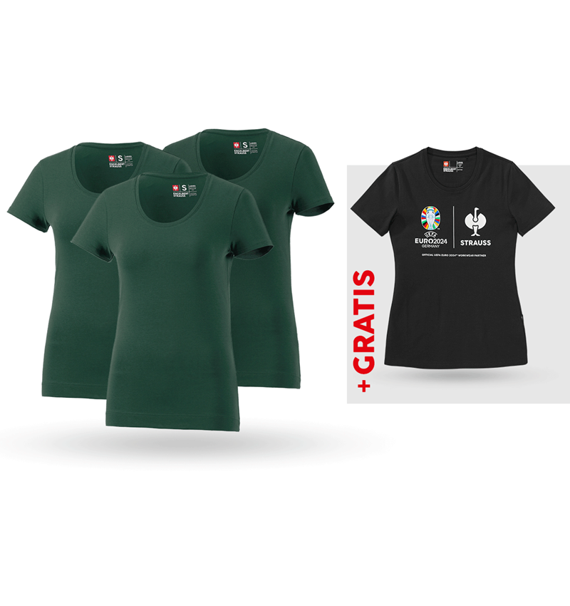 Kollaborationen: SET: 3x T-Shirt cotton stretch, Damen + Shirt + grün