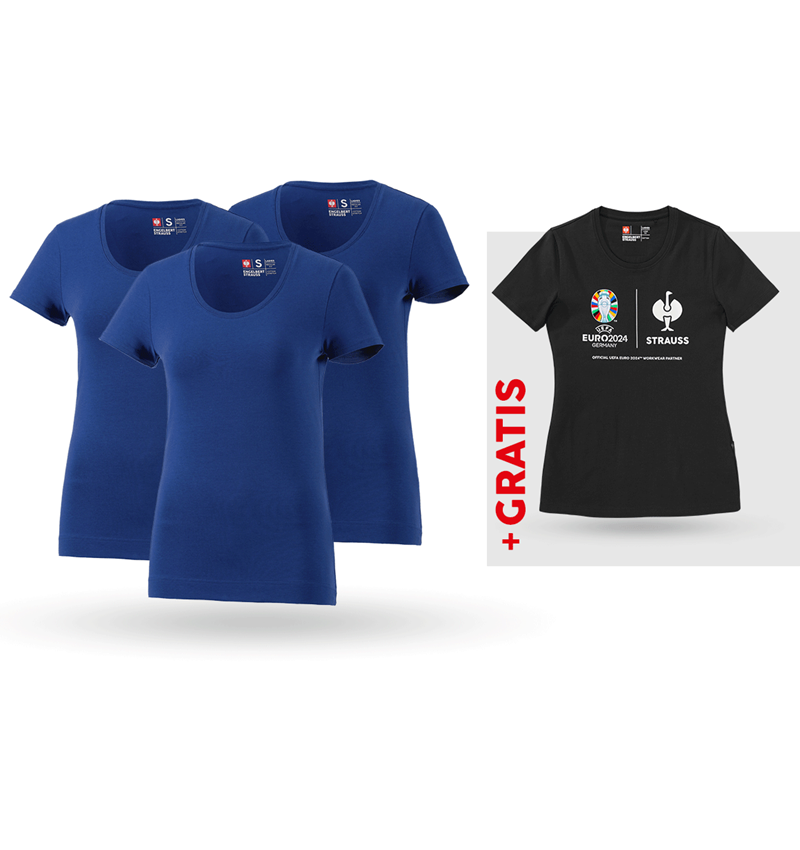 Kollaborationen: SET: 3x T-Shirt cotton stretch, Damen + Shirt + kornblau
