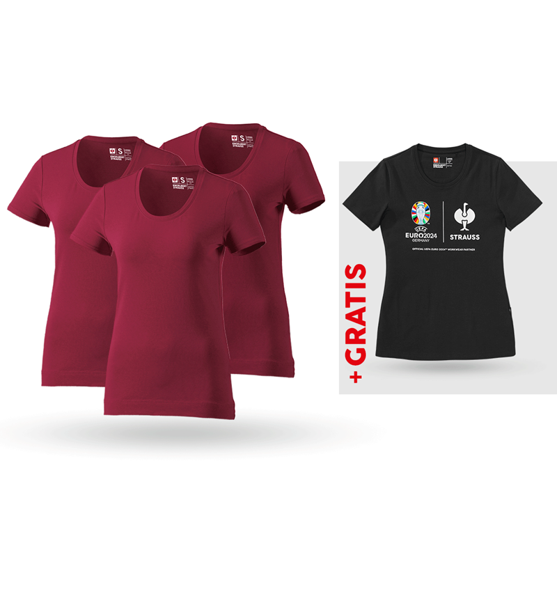 Shirts & Co.: SET: 3x T-Shirt cotton stretch, Damen + Shirt + bordeaux