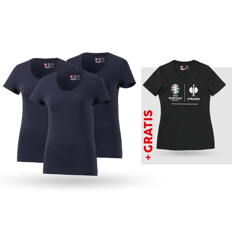 Kollaborationen: SET: 3x T-Shirt cotton stretch, Damen + Shirt + dunkelblau