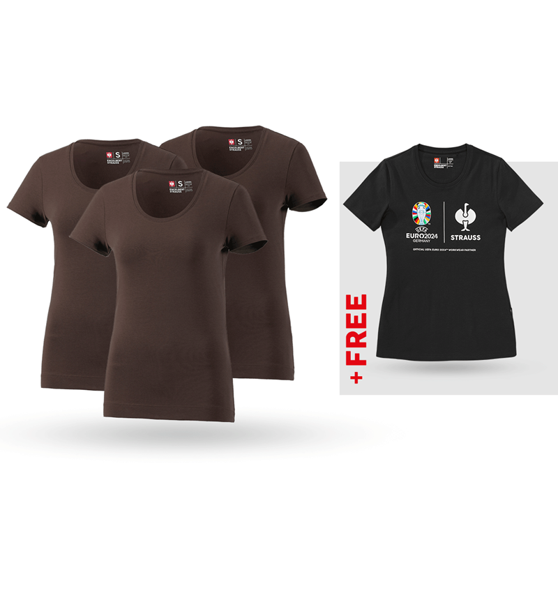 Shirts, Pullover & more: SET: 3x women's T-Shirt cotton stretch + Shirt + chestnut
