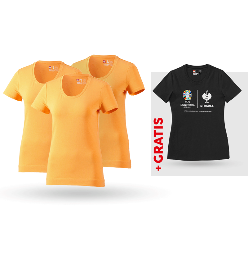 Shirts & Co.: SET: 3x T-Shirt cotton stretch, Damen + Shirt + hellorange