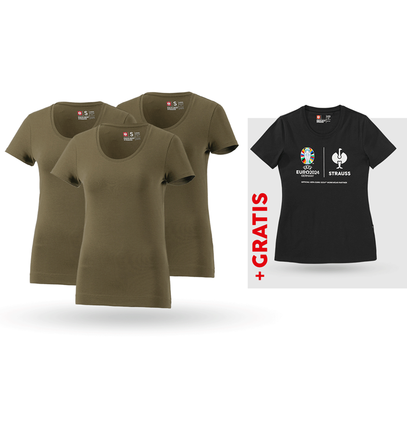 Shirts & Co.: SET: 3x T-Shirt cotton stretch, Damen + Shirt + schlammgrün