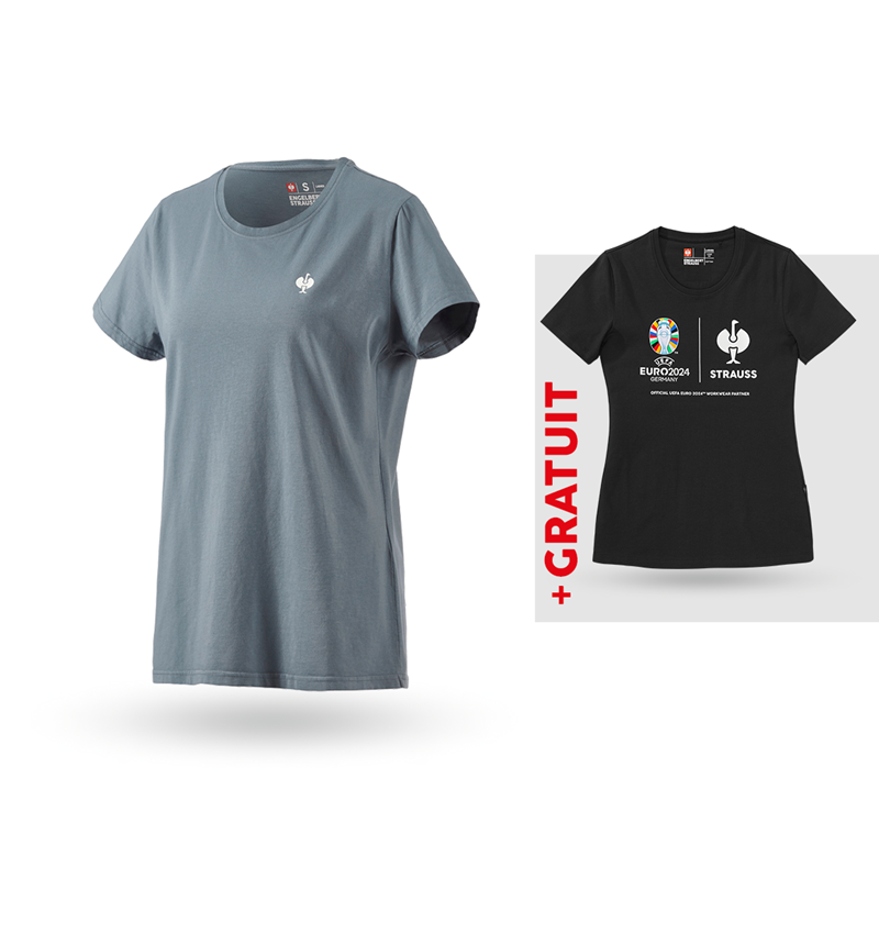 Collaborations: KIT:T-Shirt e.s.motion ten pure, femmes+grat. Shir + bleu fumée vintage