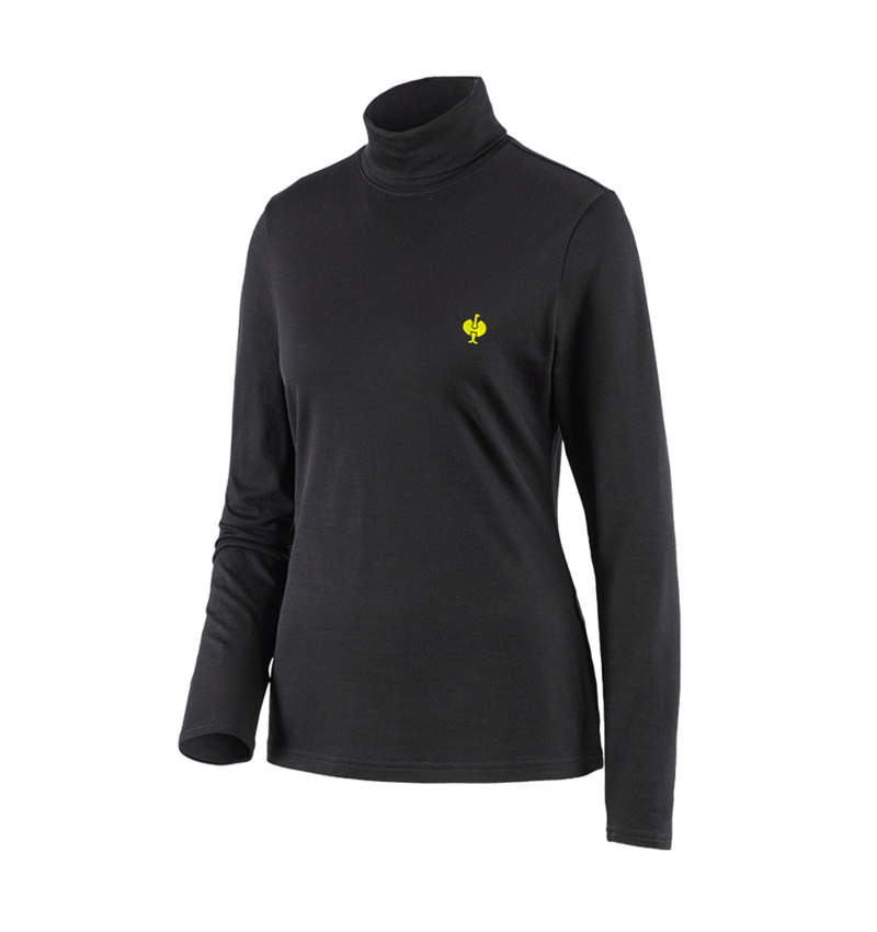 Hauts: T-shirt à col roulé Merino e.s.trail, femmes + noir/jaune acide 2