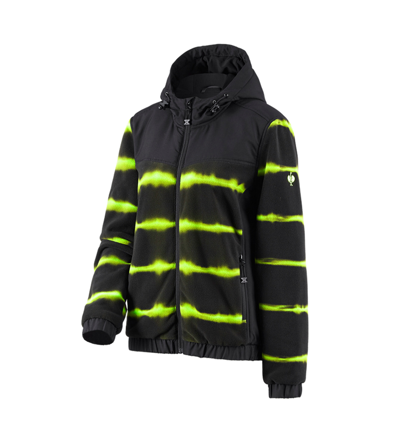 Work Jackets: Hybr.fleece hoody jacket tie-dye e.s.motion ten,l. + black/high-vis yellow 2
