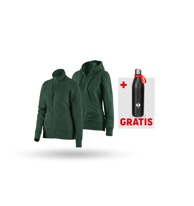 Bekleidung: SET: Sweatjacke + Hoody-Sweatjacke, Damen + grün