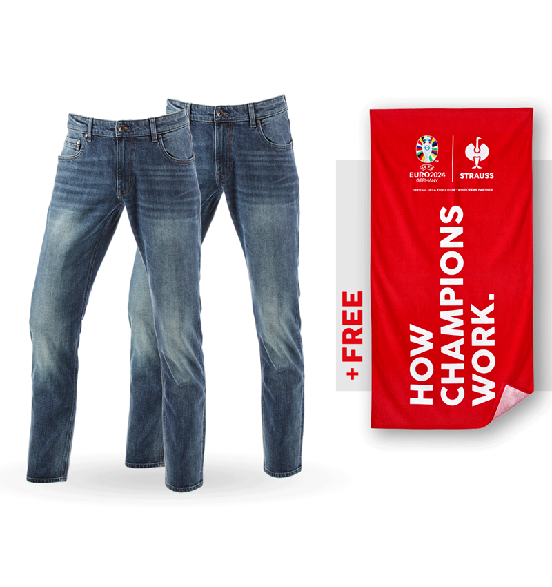 Collaborations: SET: 2x 5-Pocket-Stretch straight jeans+towel + mediumwashed