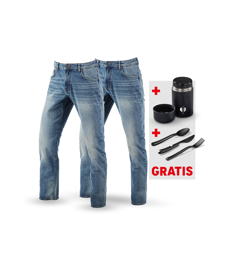 Bekleidung: SET: 2x5-Pocket-Stretch-Jeans straight+Food C.+Be. + stonewashed