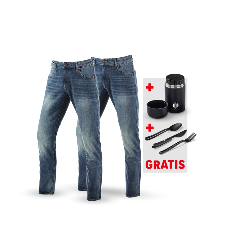 Bekleidung: SET: 2x5-Pocket-Stretch-Jeans straight+Food C.+Be. + mediumwashed