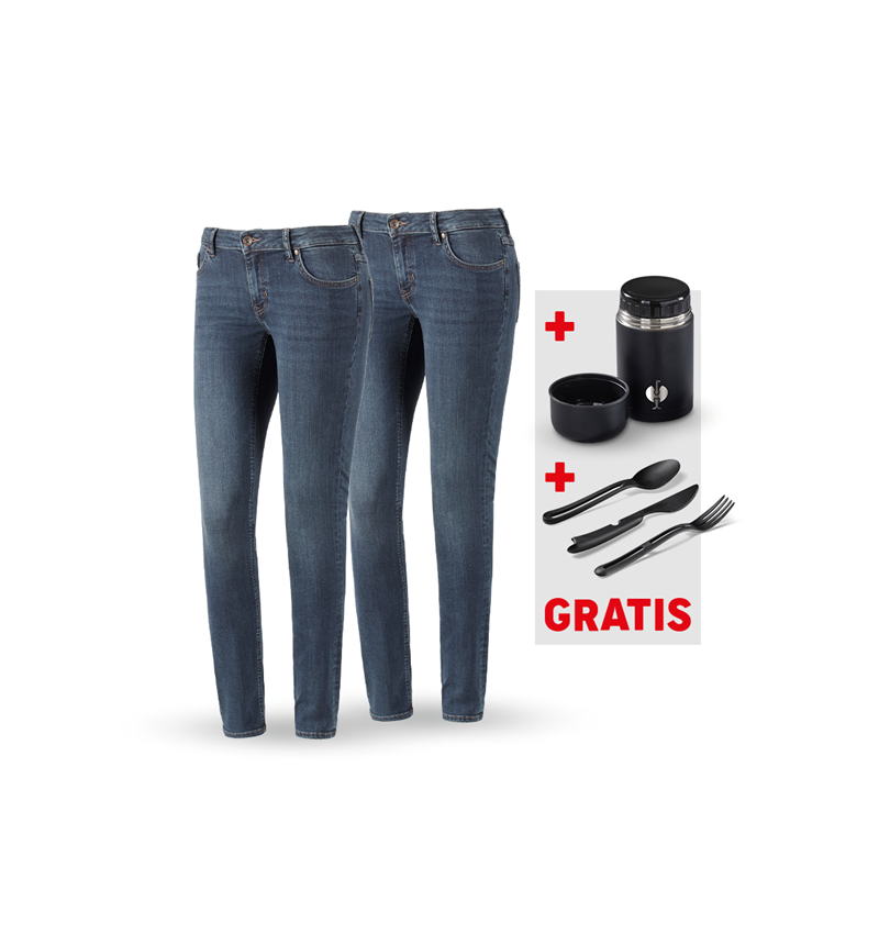 Bekleidung: SET: 2x 5-Pocket-Stretch-Jeans, Da.+Foodc.+Besteck + mediumwashed