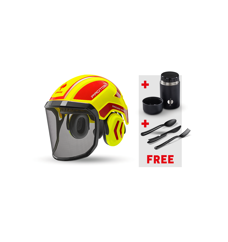 Personal Protection: e.s.Forestry helmet Protos®+Food Container+Cutlery + high-vis yellow/fiery red