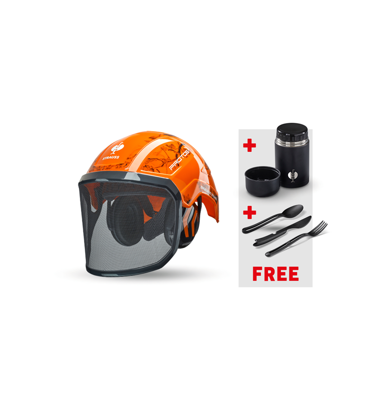 Personal Protection: e.s.Forestry helmet Protos®+Food Container+Cutlery + high-vis orange woodprint